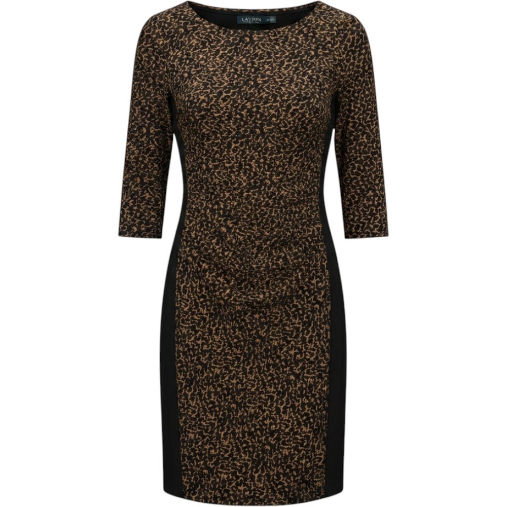 Lauren Ralph Lauren Animal Print Sheath Dress Brown Black 3/4 Sleeve Knee Length